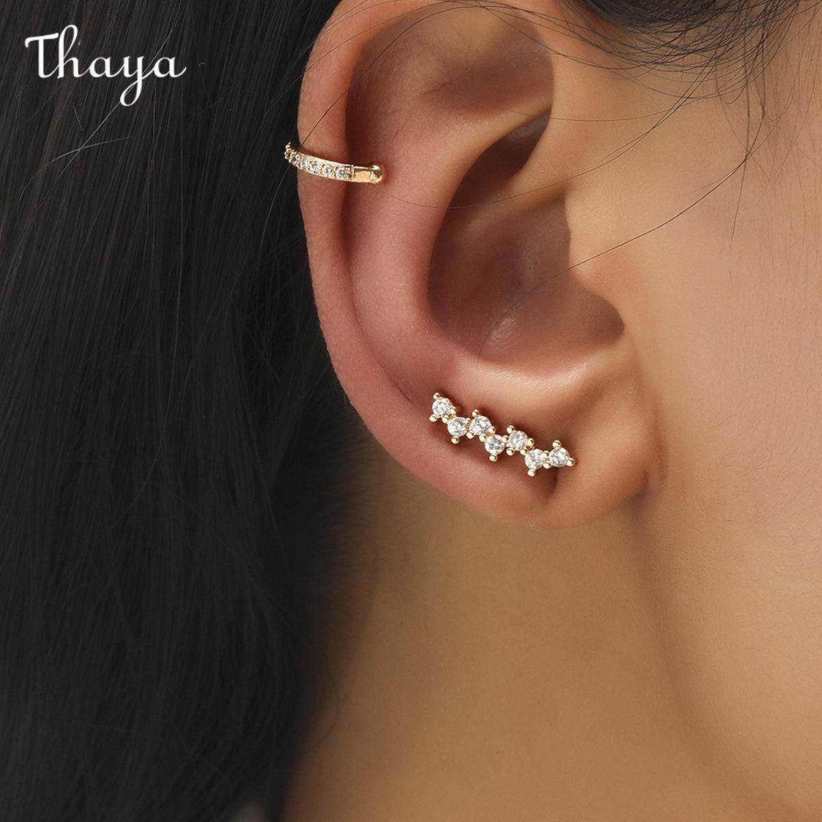 Thaya  Star Small Drill Ear Clip Female Leaf Flower Golden Geometric Pearl Zircon Earrings Set