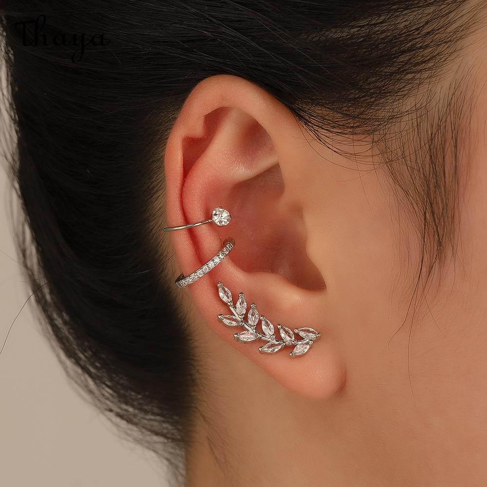 Thaya  Star Small Drill Ear Clip Female Leaf Flower Golden Geometric Pearl Zircon Earrings Set