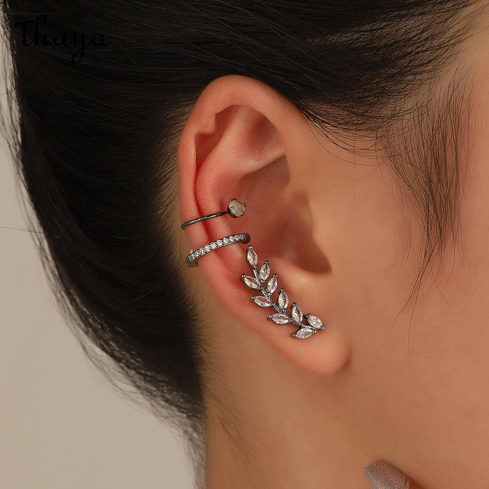 Thaya  Star Small Drill Ear Clip Female Leaf Flower Golden Geometric Pearl Zircon Earrings Set