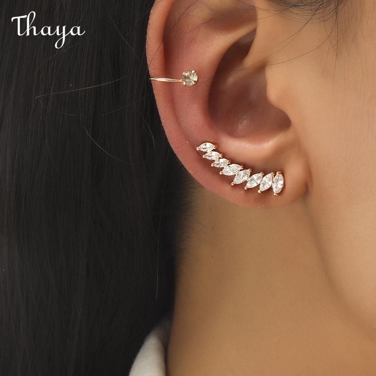 Thaya  Star Small Drill Ear Clip Female Leaf Flower Golden Geometric Pearl Zircon Earrings Set