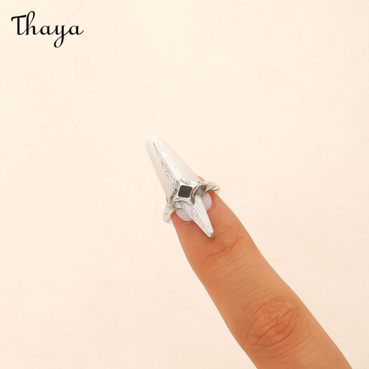 Thaya Gothic Dark Sweet Cool Ancient Silver Sword Cross Open Nail Ring