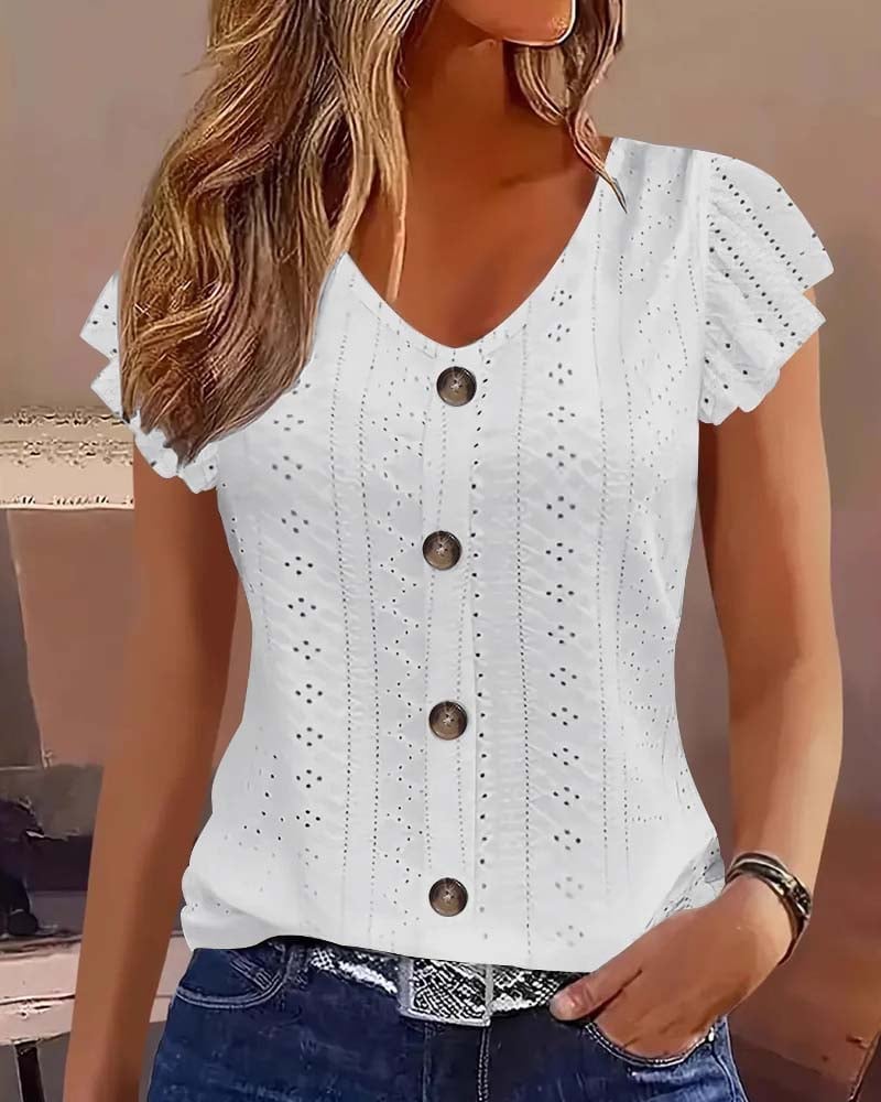 👕Flutter Sleeve Hollow Out Button Blouse