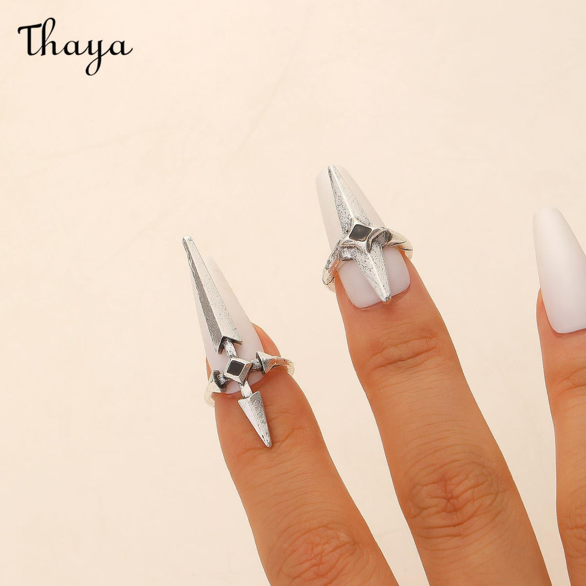 Thaya Gothic Dark Sweet Cool Ancient Silver Sword Cross Open Nail Ring