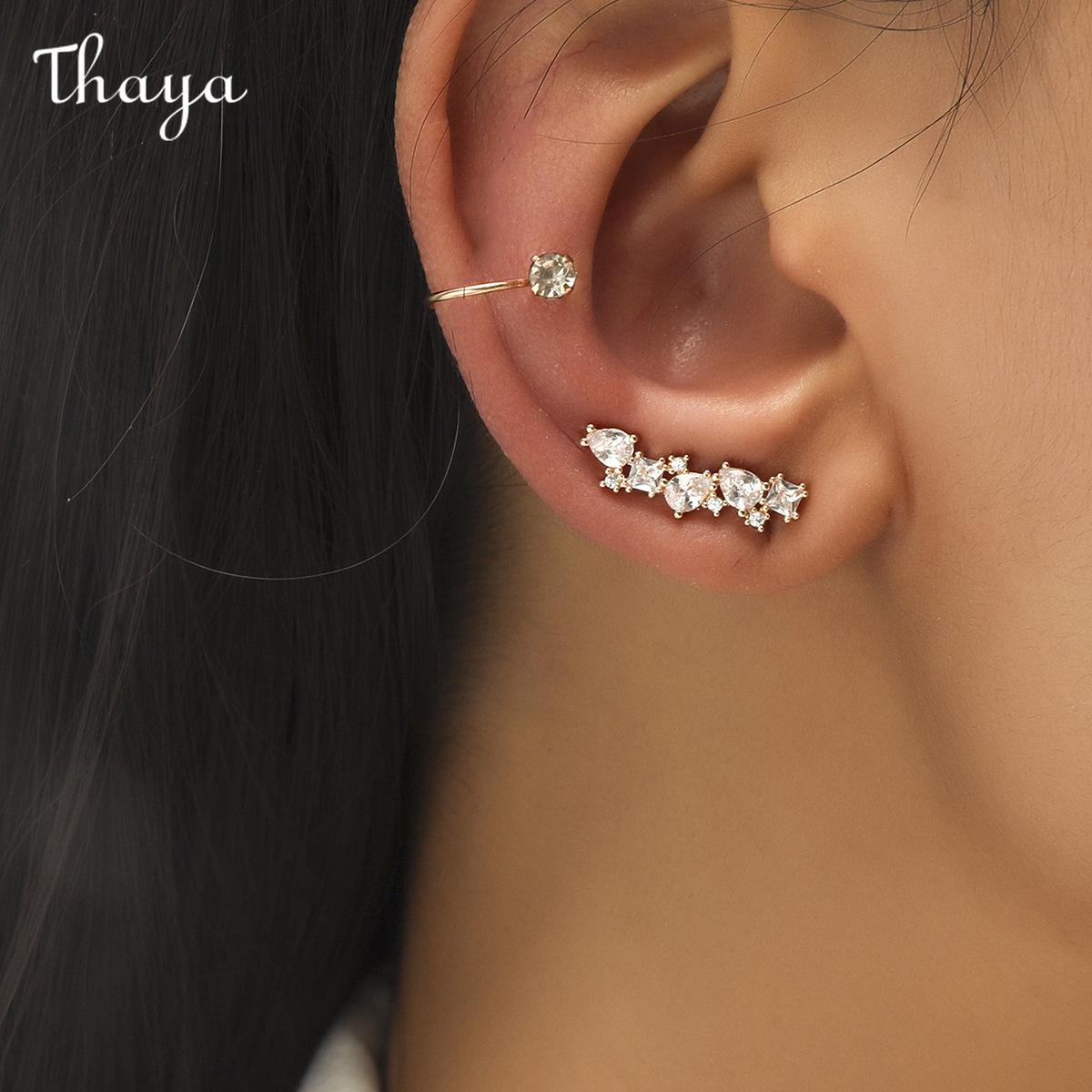 Thaya  Star Small Drill Ear Clip Female Leaf Flower Golden Geometric Pearl Zircon Earrings Set