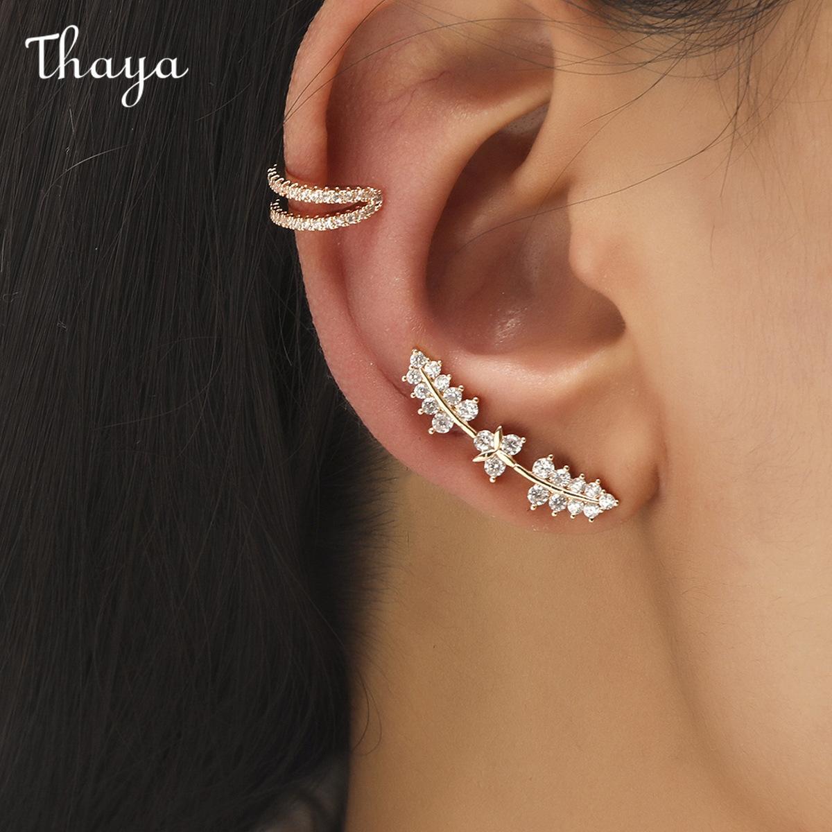 Thaya  Star Small Drill Ear Clip Female Leaf Flower Golden Geometric Pearl Zircon Earrings Set