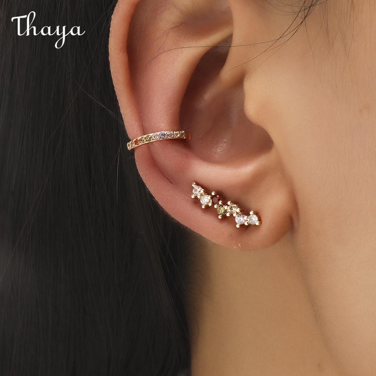 Thaya  Star Small Drill Ear Clip Female Leaf Flower Golden Geometric Pearl Zircon Earrings Set
