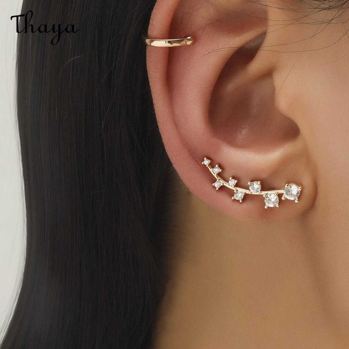 Thaya  Star Small Drill Ear Clip Female Leaf Flower Golden Geometric Pearl Zircon Earrings Set