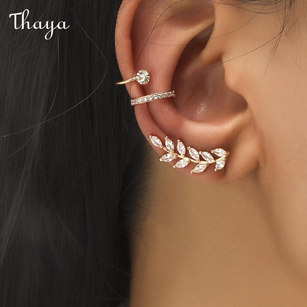 Thaya  Star Small Drill Ear Clip Female Leaf Flower Golden Geometric Pearl Zircon Earrings Set