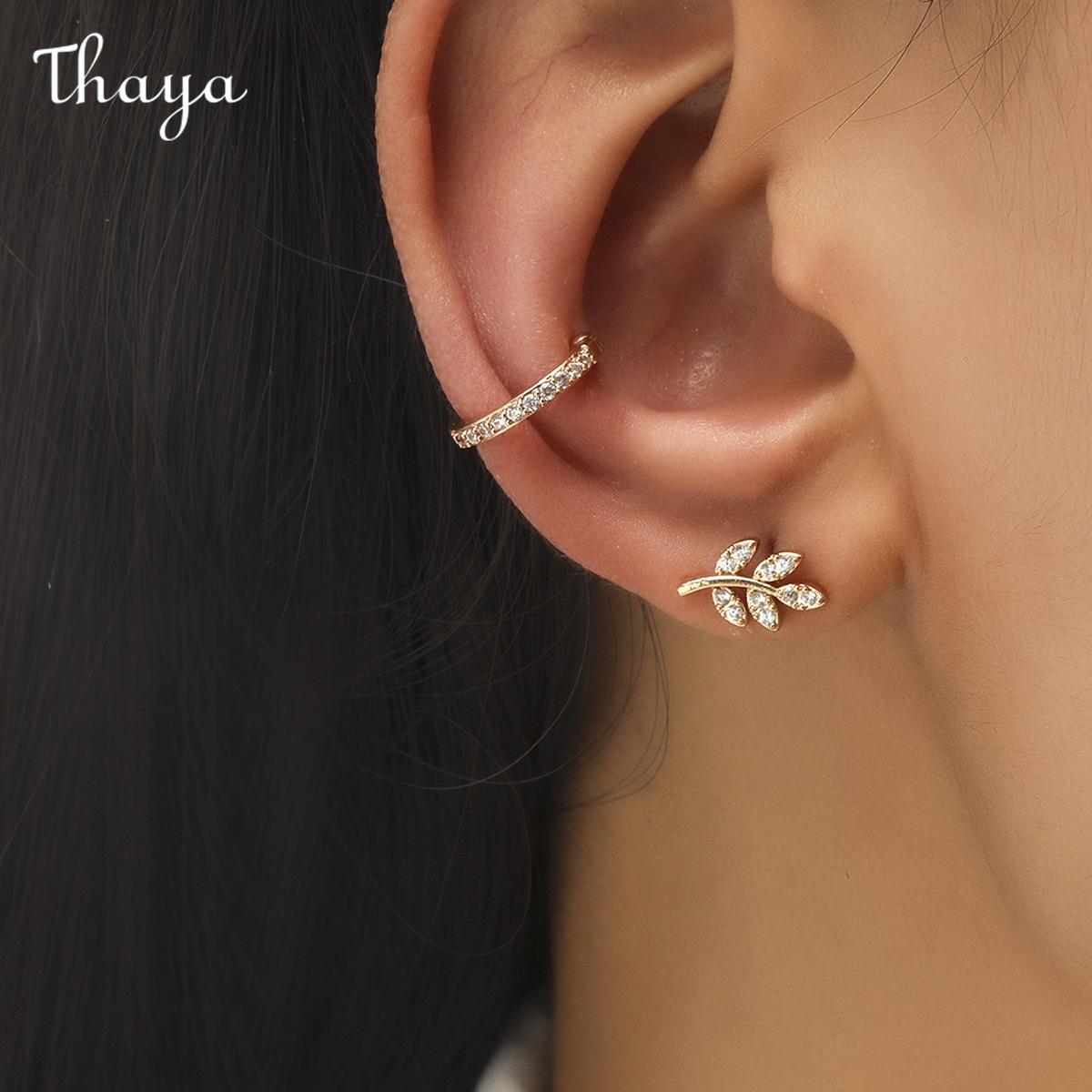 Thaya  Star Small Drill Ear Clip Female Leaf Flower Golden Geometric Pearl Zircon Earrings Set