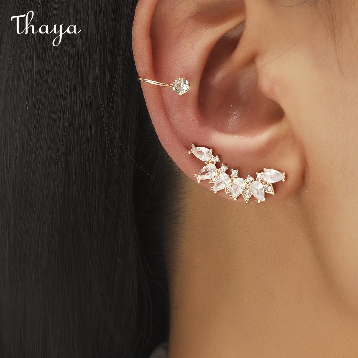 Thaya  Star Small Drill Ear Clip Female Leaf Flower Golden Geometric Pearl Zircon Earrings Set