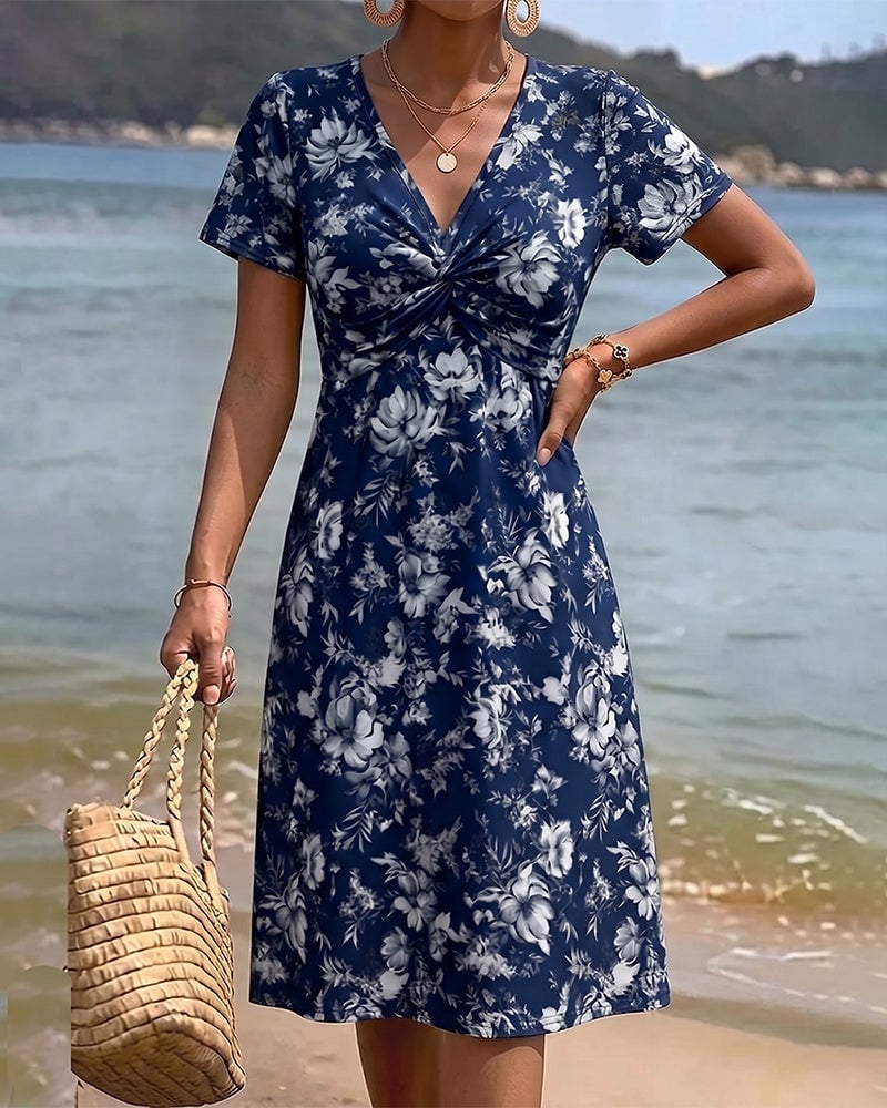 Floral V-Neck Twist Knot Dress