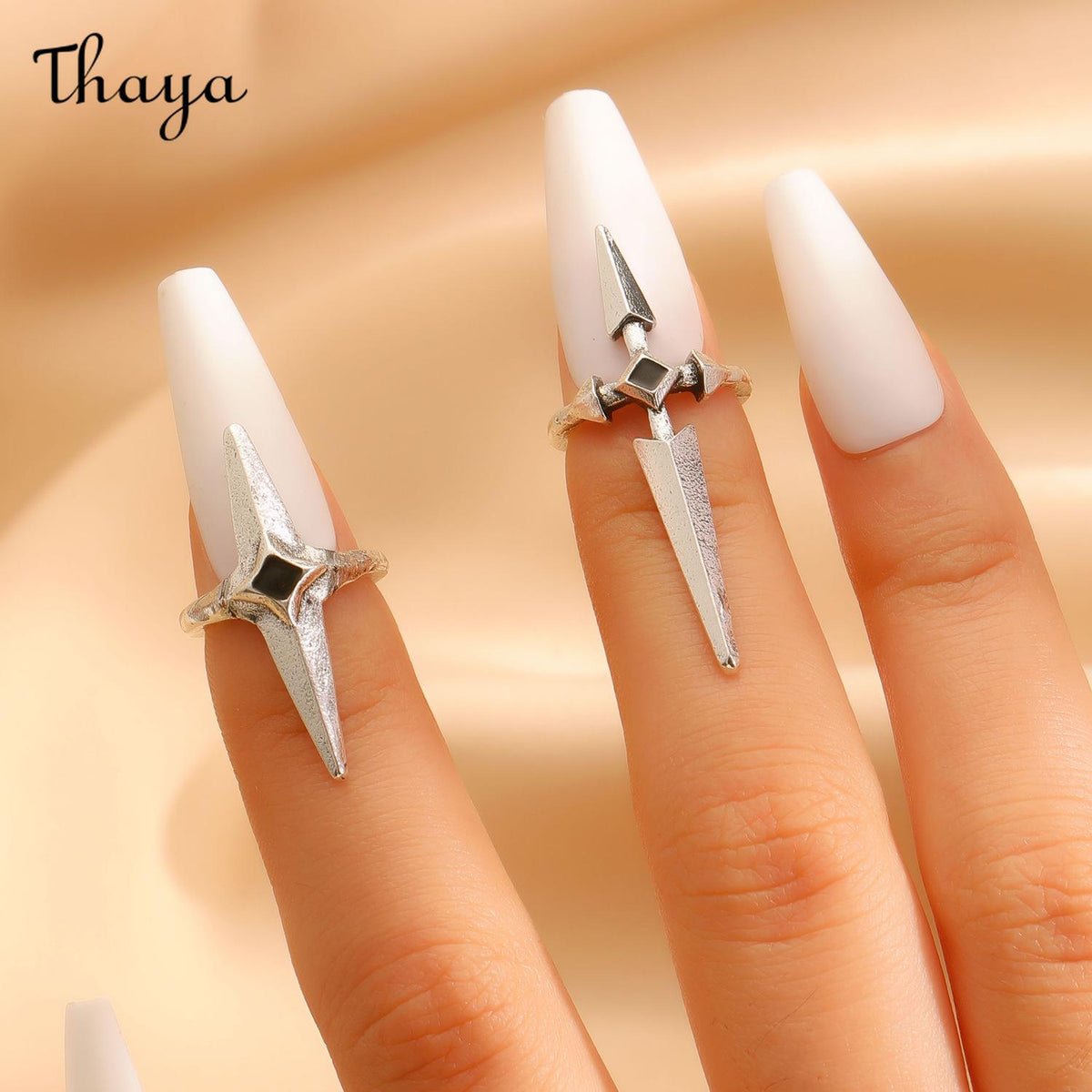 Thaya Gothic Dark Sweet Cool Ancient Silver Sword Cross Open Nail Ring