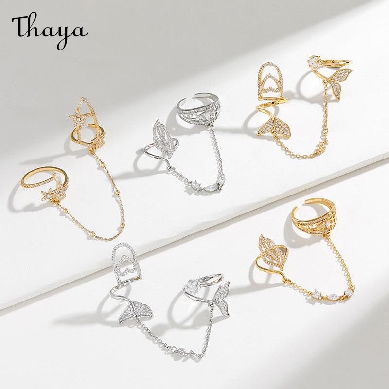 Thaya Elegant Zircon Double Finger Chain Adjustable Nail Rings