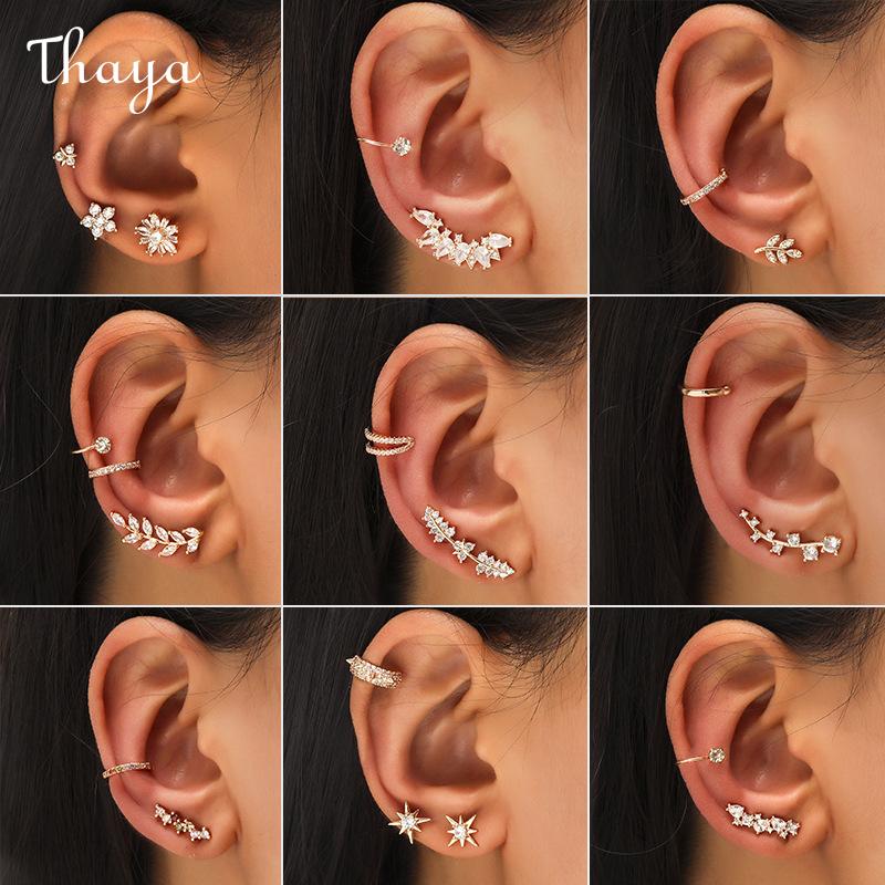 Thaya  Star Small Drill Ear Clip Female Leaf Flower Golden Geometric Pearl Zircon Earrings Set