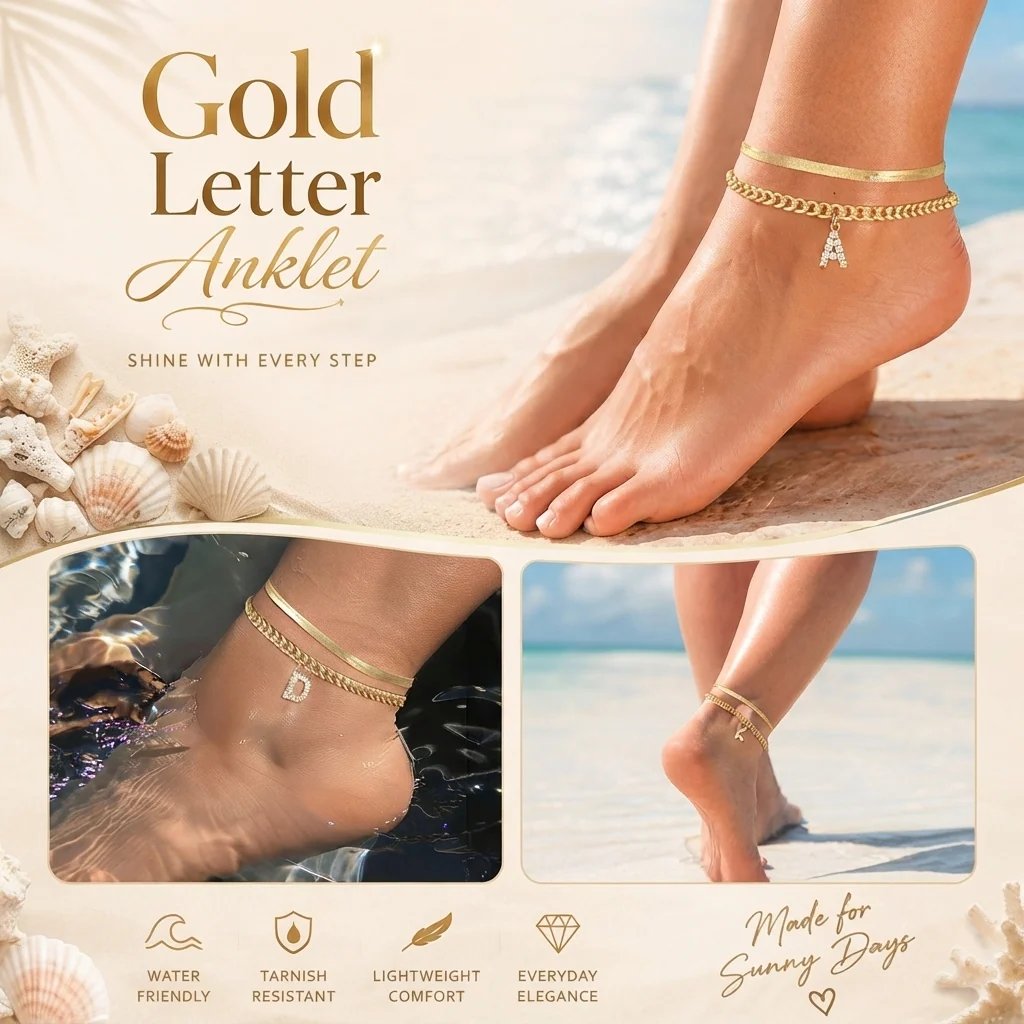 ✨ Gold Initial Anklet – 14K Gold Plated. Waterproof Adjustable Letter Pendant. Stackable Beach Jewelry