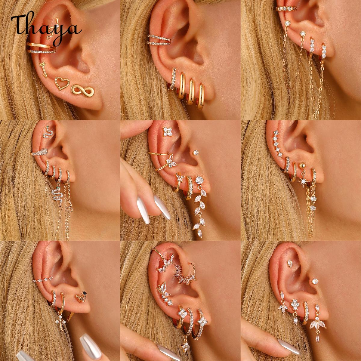 Thaya  Star Small Drill Ear Clip Female Leaf Flower Golden Geometric Pearl Zircon Earrings Set