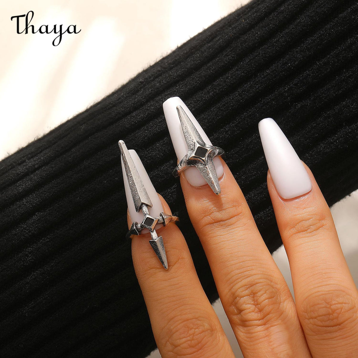 Thaya Gothic Dark Sweet Cool Ancient Silver Sword Cross Open Nail Ring