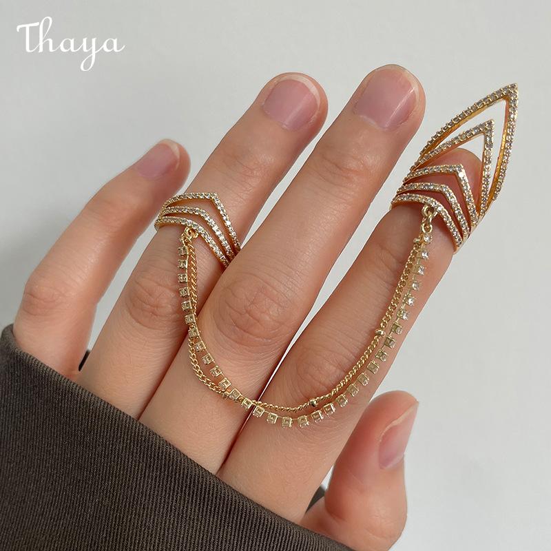 Thaya Elegant Zircon Double Finger Chain Adjustable Nail Rings