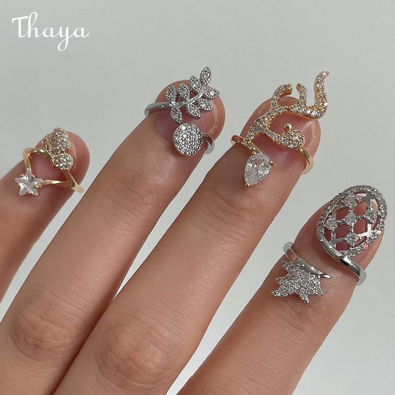 Thaya 18K Gold Plated Inlaid Zirconium Open Adjustable Nail Ring