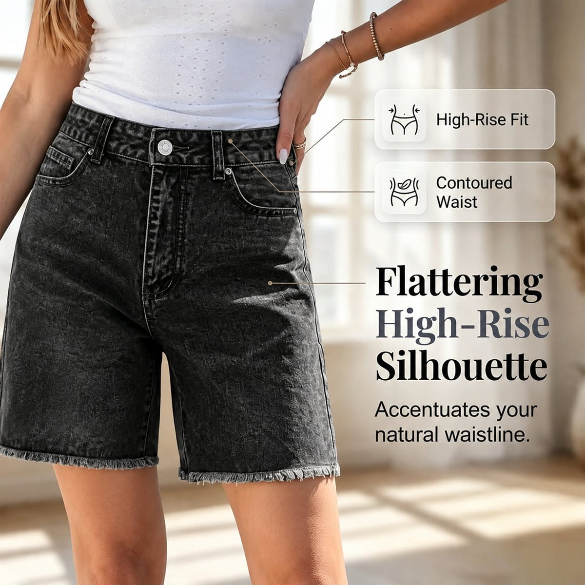 Women’s Casual High Waisted Fringed Denim Shorts