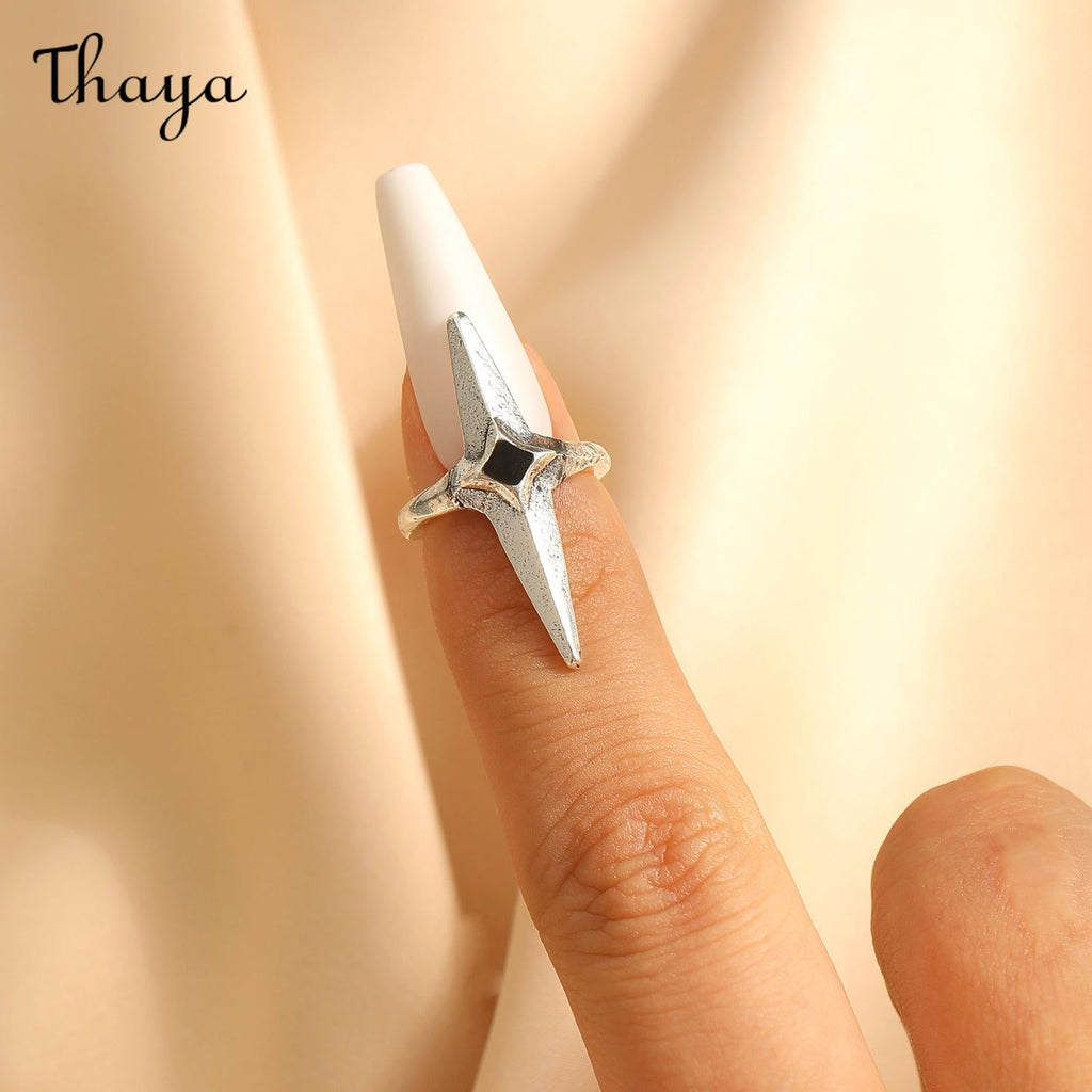 Thaya Gothic Dark Sweet Cool Ancient Silver Sword Cross Open Nail Ring