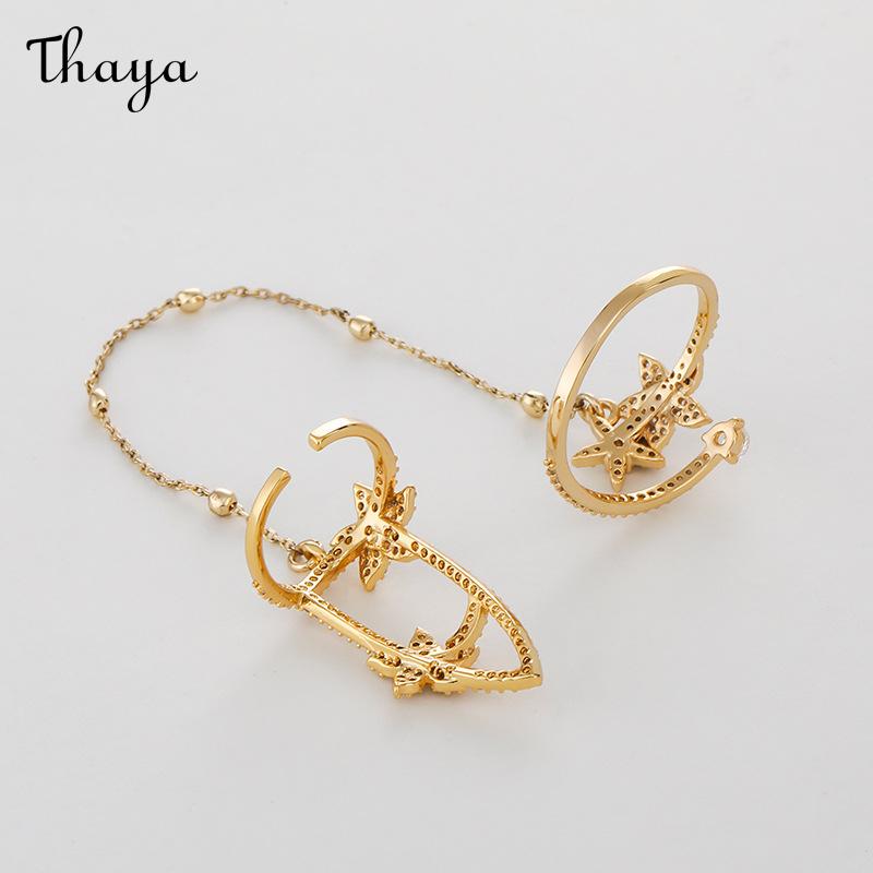 Thaya Elegant Zircon Double Finger Chain Adjustable Nail Rings