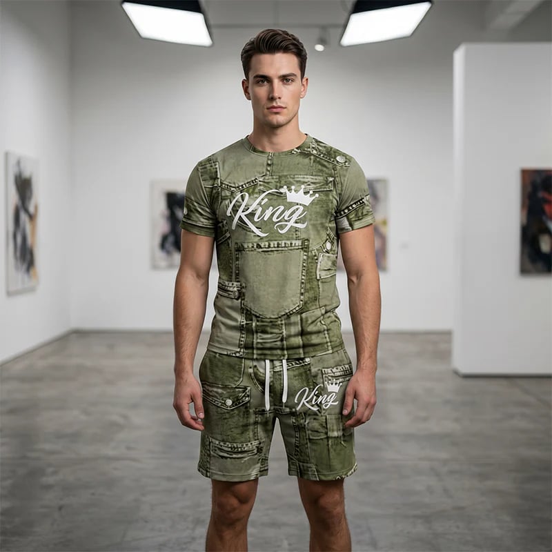 🎉 2026 Sale — Over 33,000 Sold! 👕 Men's Casual Faux Denim Print T-Shirt Shorts Set 🧢