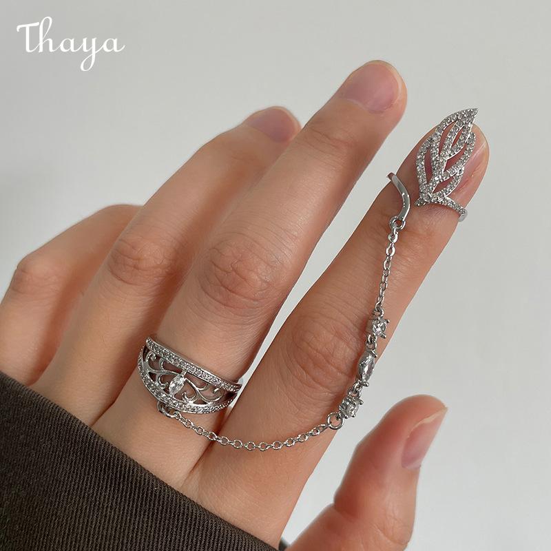 Thaya Elegant Zircon Double Finger Chain Adjustable Nail Rings