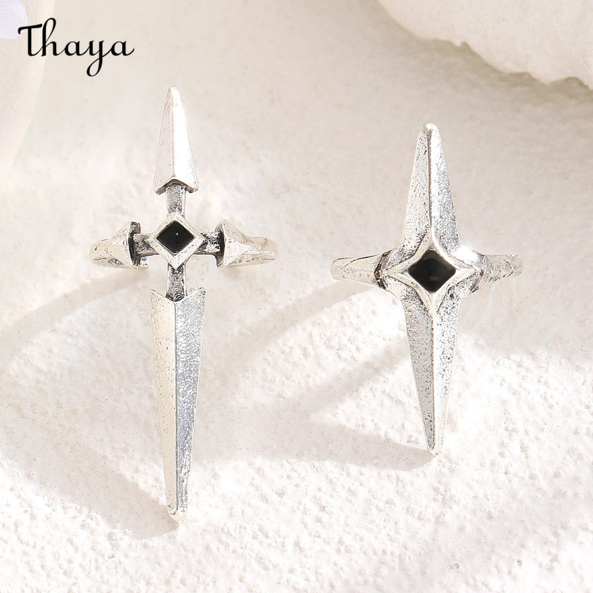 Thaya Gothic Dark Sweet Cool Ancient Silver Sword Cross Open Nail Ring