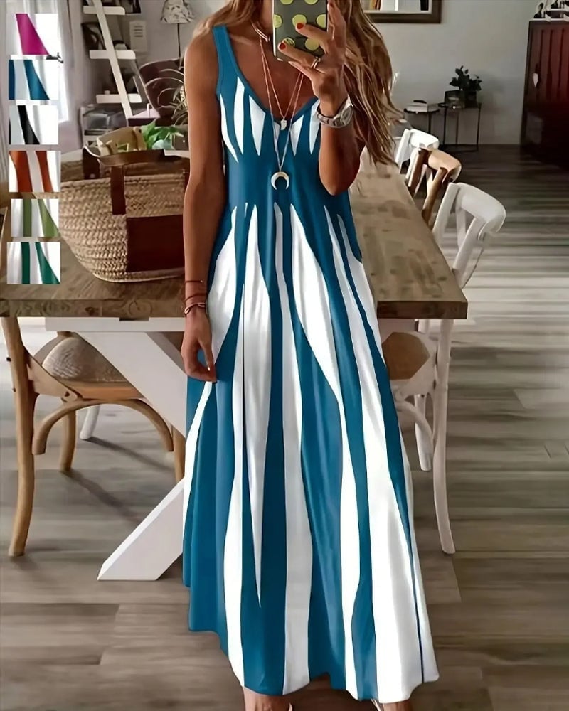 ⏸Striped Patchwork Suspender V-Neck Dress