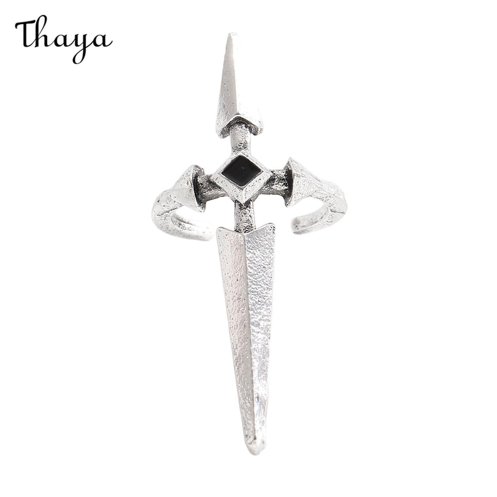 Thaya Gothic Dark Sweet Cool Ancient Silver Sword Cross Open Nail Ring