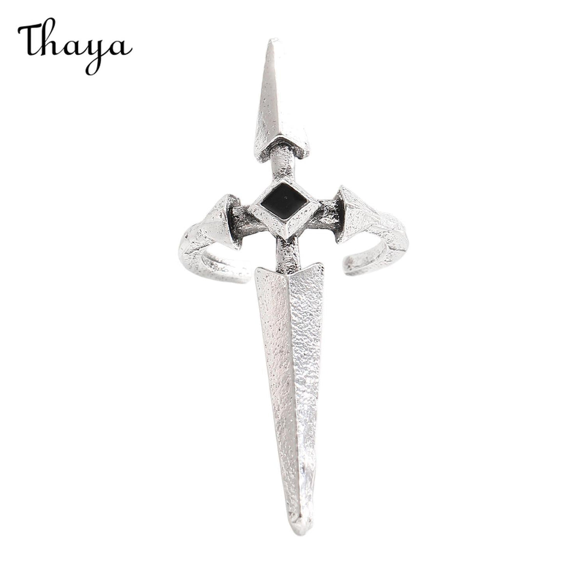 Thaya Gothic Dark Sweet Cool Ancient Silver Sword Cross Open Nail Ring