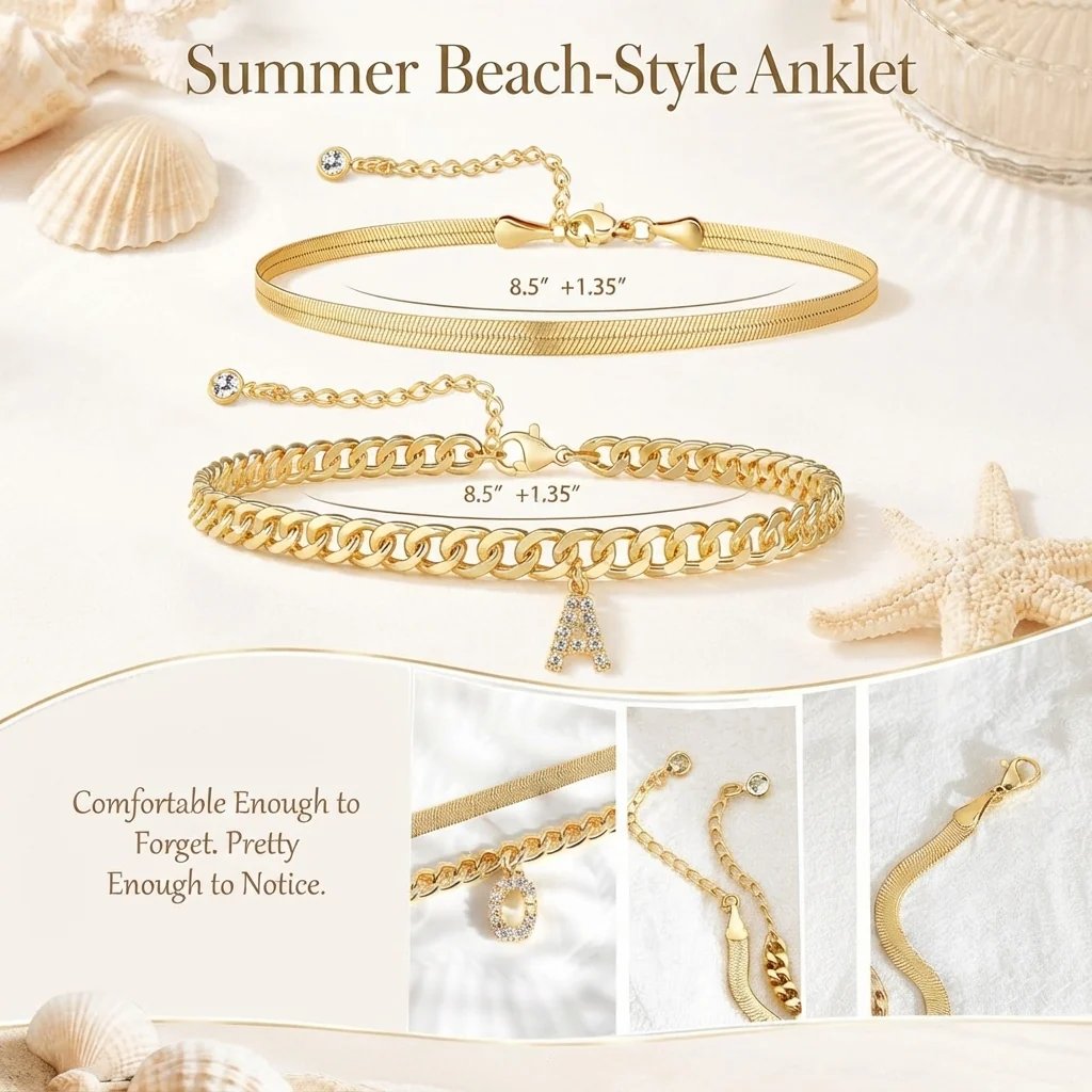 ✨ Gold Initial Anklet – 14K Gold Plated. Waterproof Adjustable Letter Pendant. Stackable Beach Jewelry