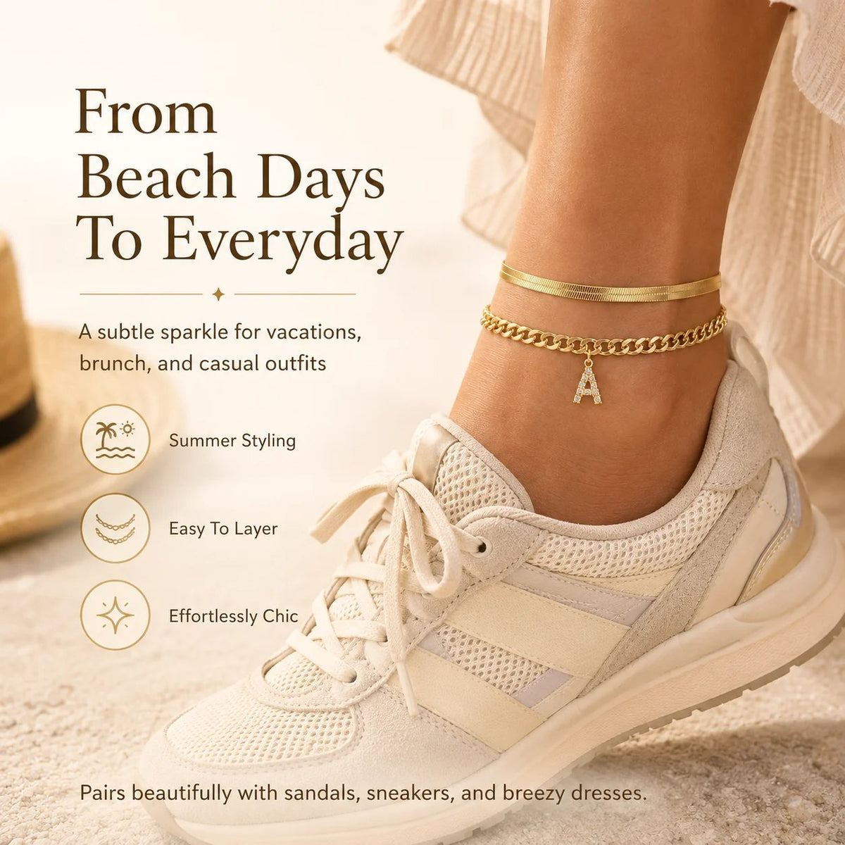 ✨ Gold Initial Anklet – 14K Gold Plated. Waterproof Adjustable Letter Pendant. Stackable Beach Jewelry