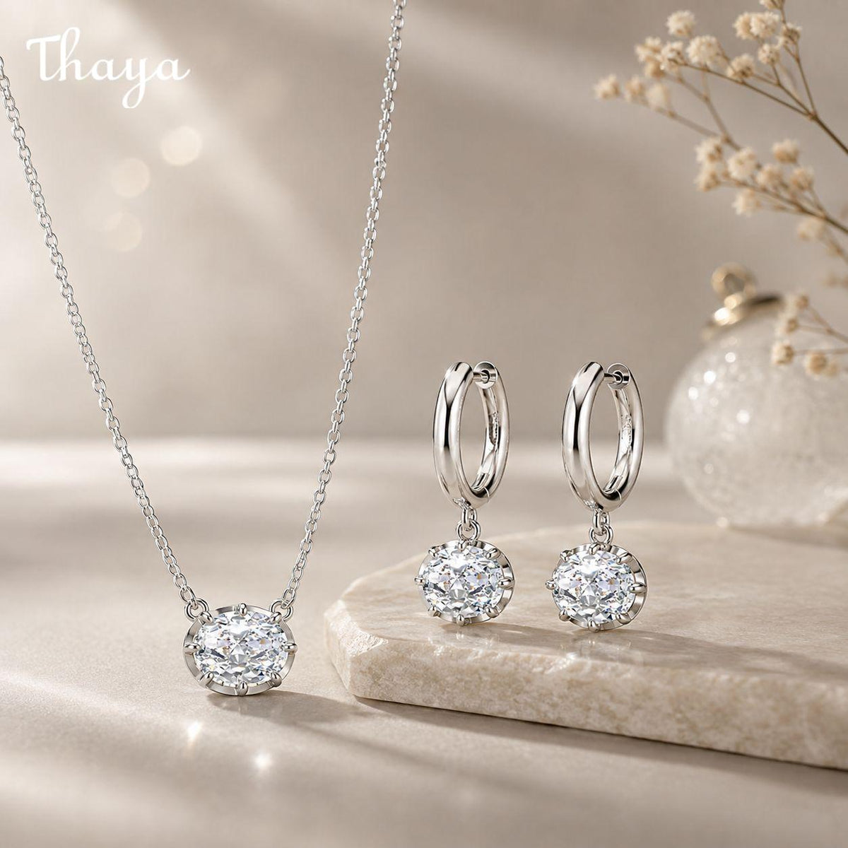 Thaya S925  Silver Dazzling Light Luxury Oval  Earrings & Necklace Set