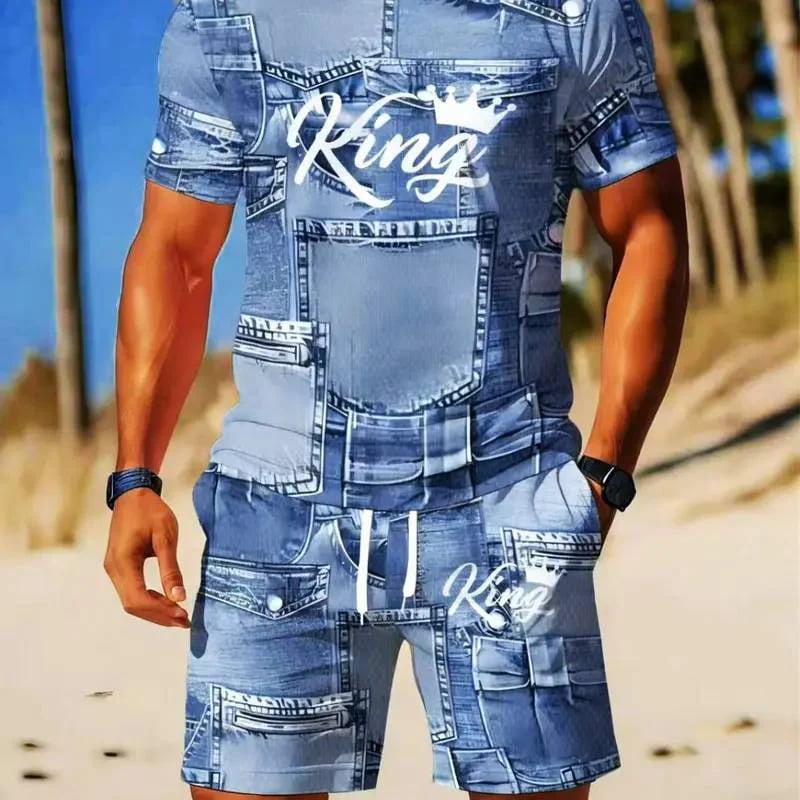 🎉 2026 Sale — Over 33,000 Sold! 👕 Men's Casual Faux Denim Print T-Shirt Shorts Set 🧢