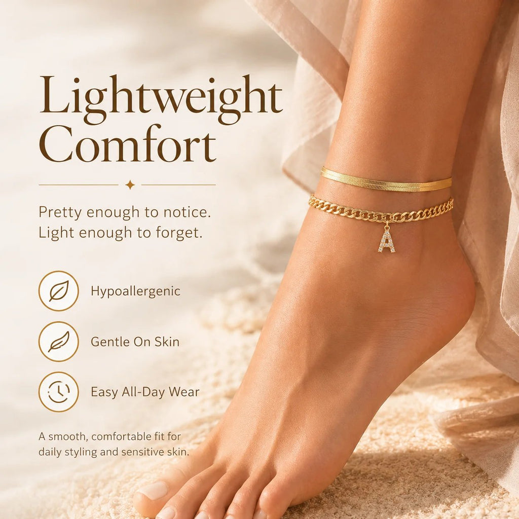 ✨ Gold Initial Anklet – 14K Gold Plated. Waterproof Adjustable Letter Pendant. Stackable Beach Jewelry