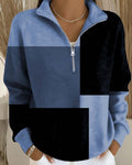 checkered-colorblock-zip-stand-collar-sweatshirt
