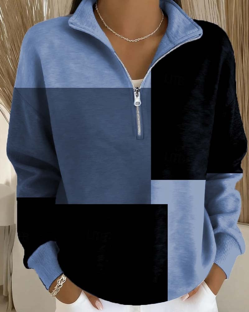 checkered-colorblock-zip-stand-collar-sweatshirt