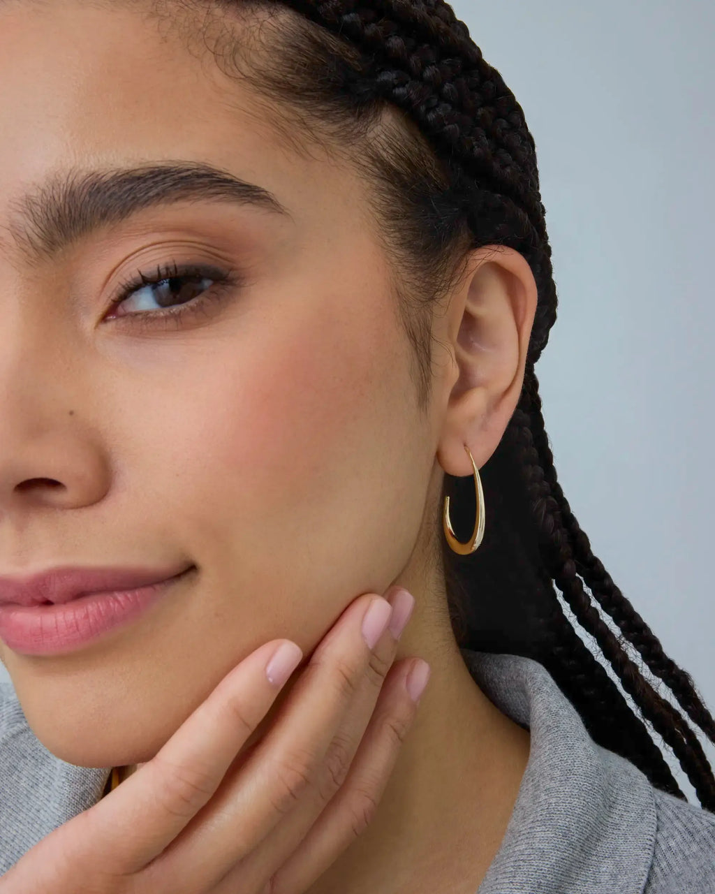 14K Gold Plated 925 Sterling Silver Post Lightweight Teardrop Hoop Earrings for Women - Oval Pull-Through Statement Earrings
