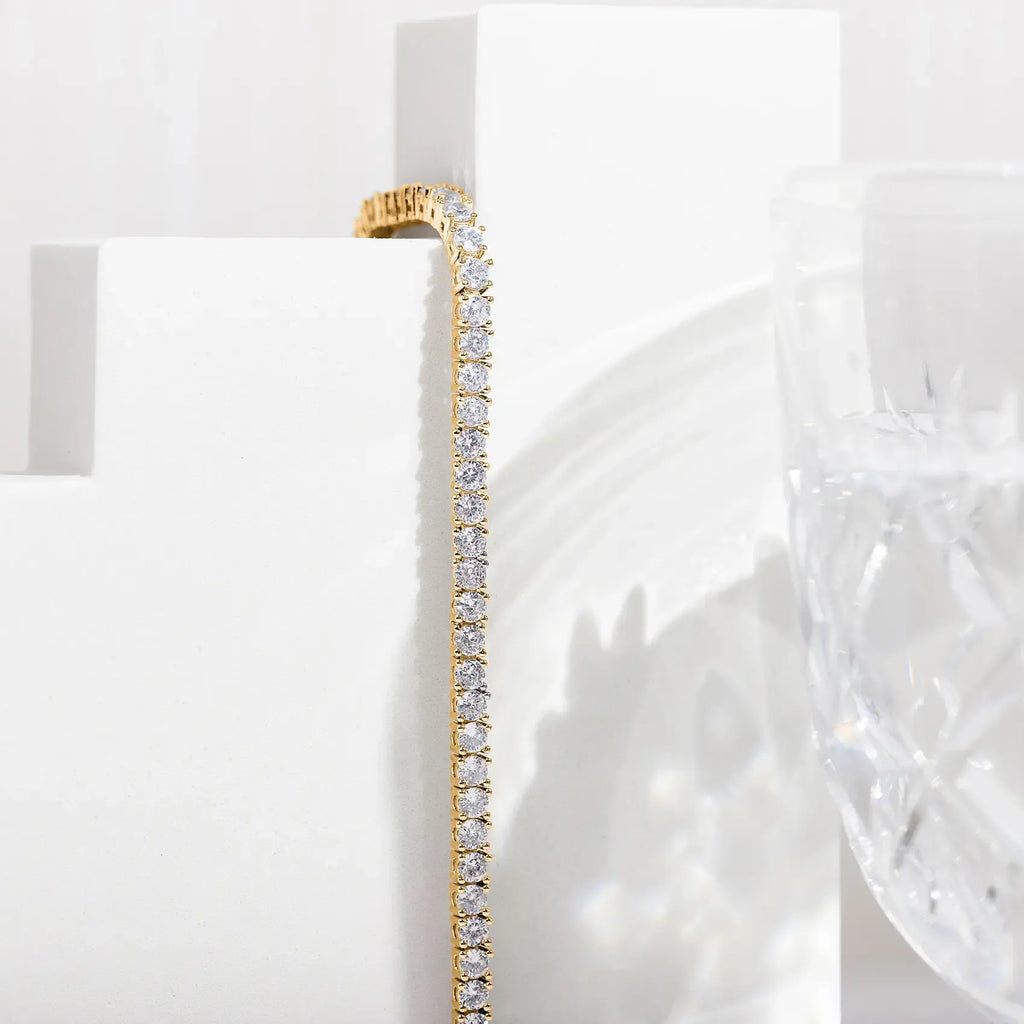 14K Gold Plated 3mm Cubic Zirconia Classic Tennis Bracelet - Hypoallergenic Gold Bracelets for Women - Size 6.5-7.5 Inch - Simulated Diamond Tennis Bracelets