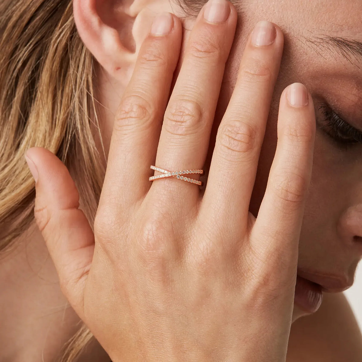 14K Gold Plated Women's X Ring Simulated Diamond CZ Criss Cross Ring