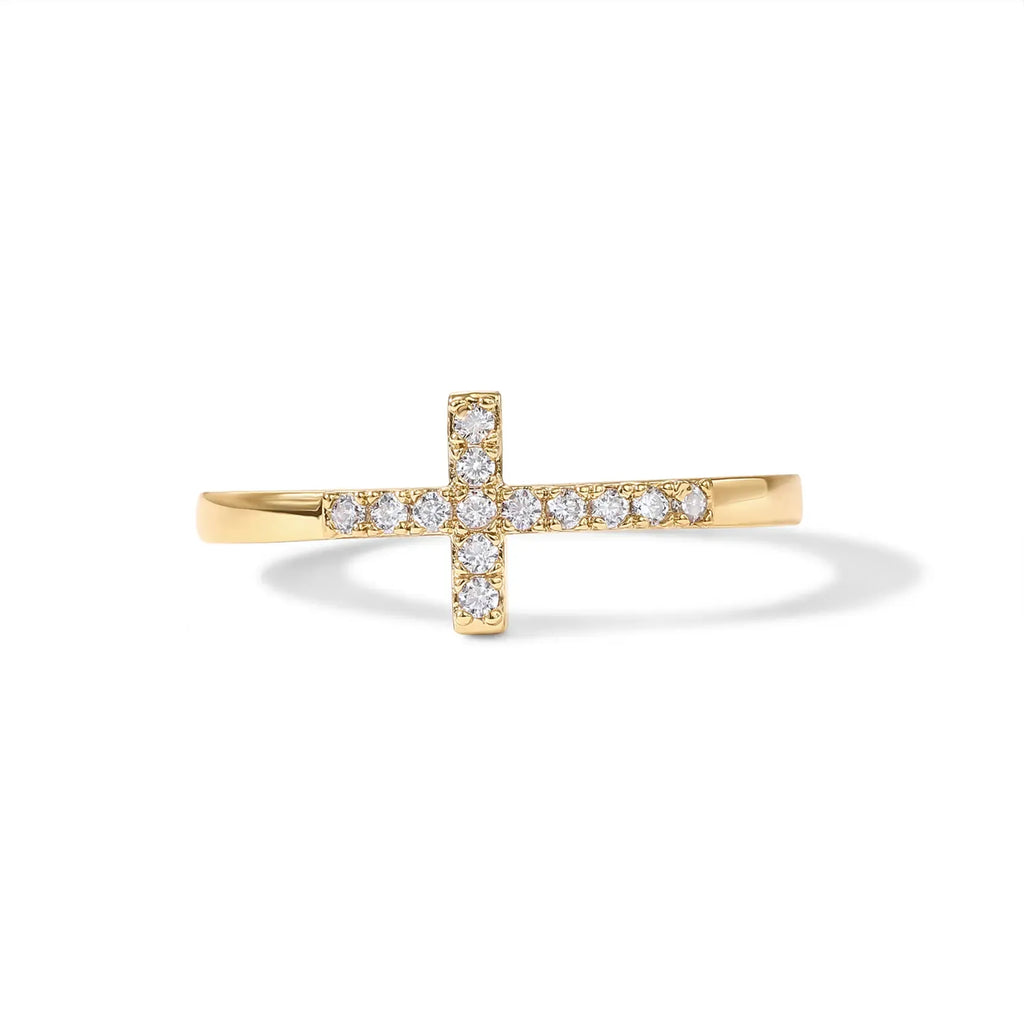 14K Gold Plated Cubic Zirconia Cross Ring for Women - Eternity Promise Ring for Her - Infinity Religious Wedding Band