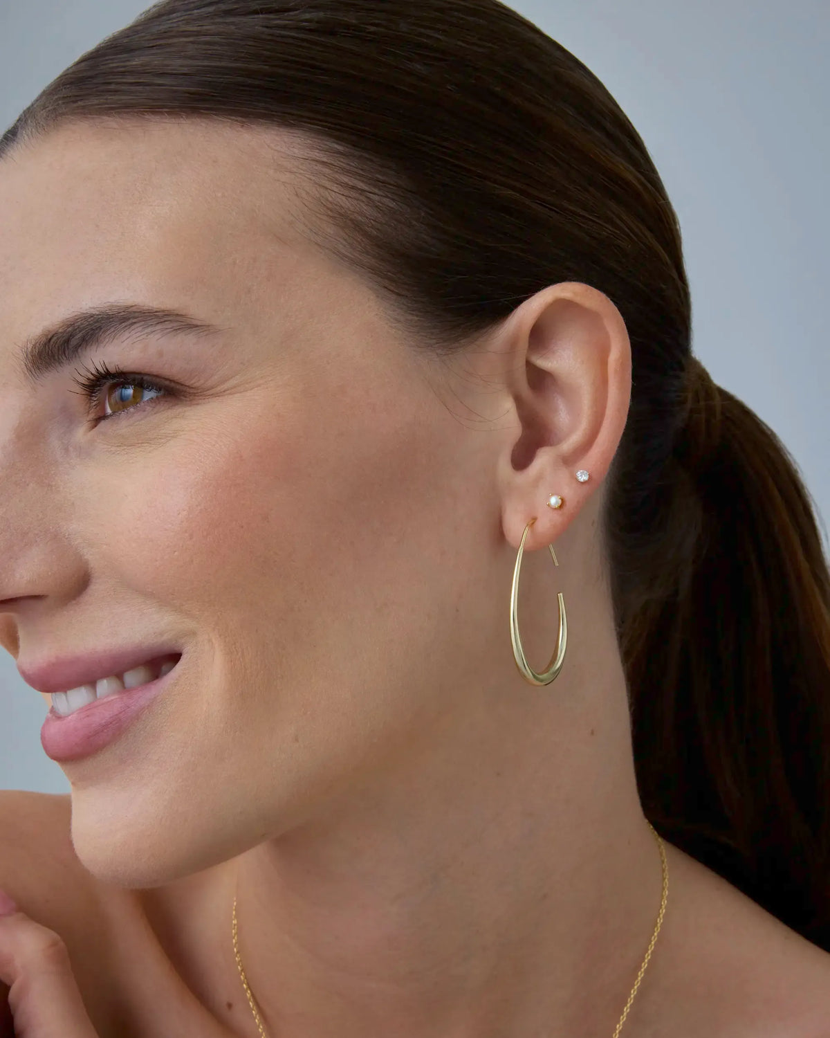 14K Gold Plated 925 Sterling Silver Post Lightweight Teardrop Hoop Earrings for Women - Oval Pull-Through Statement Earrings