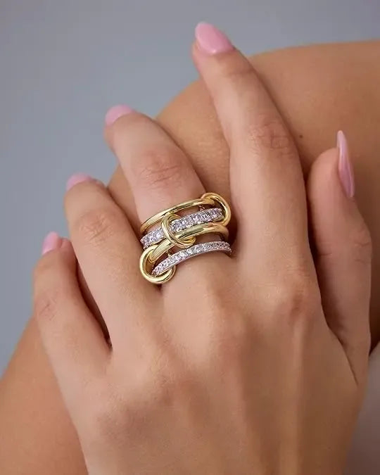 14K Gold Plated Interlocked Stackable Statement Ring for Women – Chunky Multi-Band Double & Triple Ring, Two-Tone Mixed Metals with Cubic Zirconia