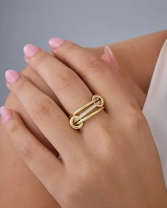 14K Gold Plated Interlocked Stackable Statement Ring for Women – Chunky Multi-Band Double & Triple Ring, Two-Tone Mixed Metals with Cubic Zirconia