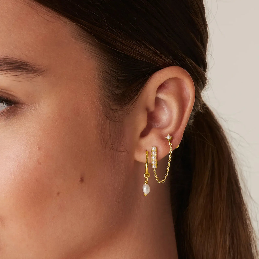 14K Gold Plated Chain Earrings for Women - Double Piercing Dangle Chain Huggie Hoop Earrings - Cubic Zirconia Single Stud Ear Cuff Earrings for Women