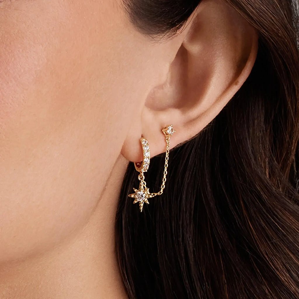 14K Gold Plated Chain Earrings for Women - Double Piercing Dangle Chain Huggie Hoop Earrings - Cubic Zirconia Single Stud Ear Cuff Earrings for Women