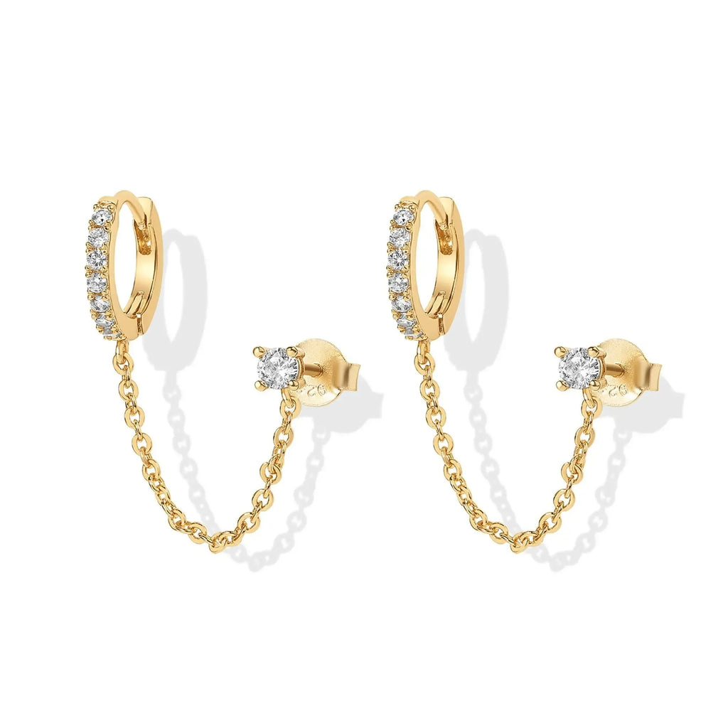 14K Gold Plated Chain Earrings for Women - Double Piercing Dangle Chain Huggie Hoop Earrings - Cubic Zirconia Single Stud Ear Cuff Earrings for Women