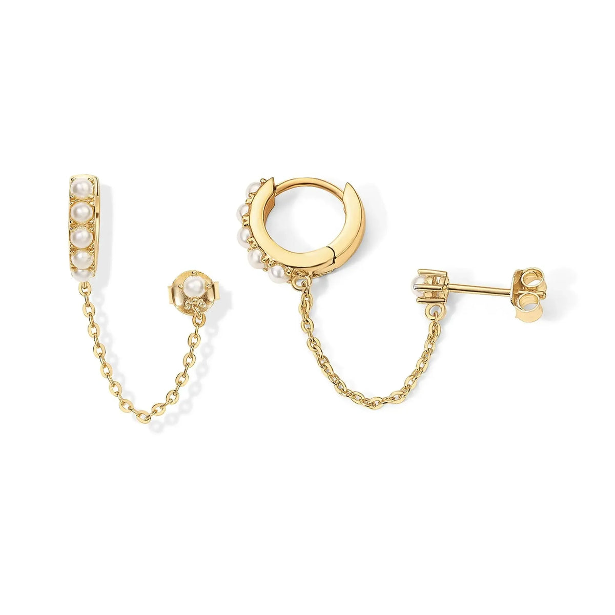 14K Gold Plated Chain Earrings for Women - Double Piercing Dangle Chain Huggie Hoop Earrings - Cubic Zirconia Single Stud Ear Cuff Earrings for Women